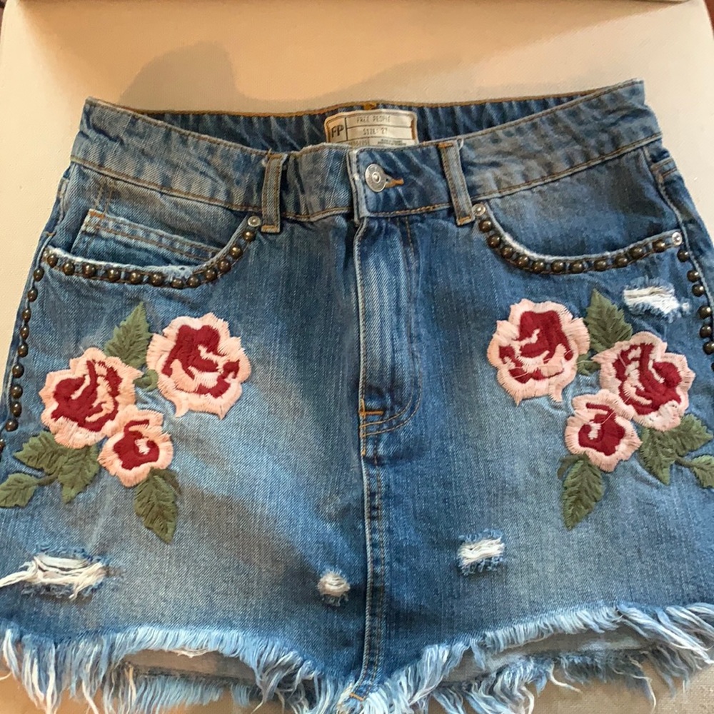 Free people embroidered floral denim skirt